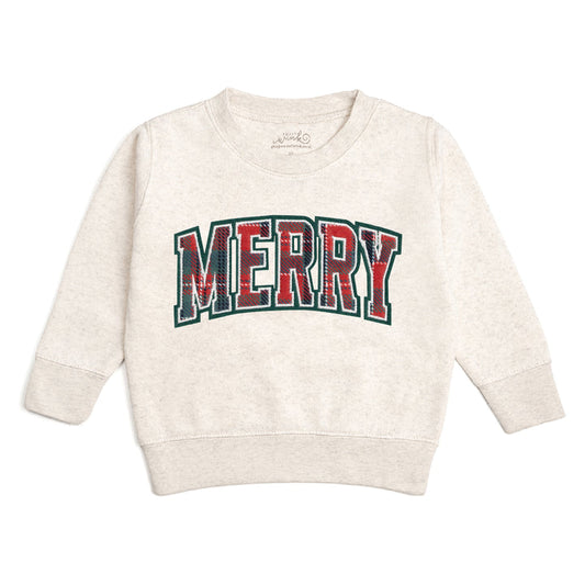 Sweet Wink Merry Tartan Patch Christmas sweatshirt with festive tartan patch design on cozy red sweatshirt.