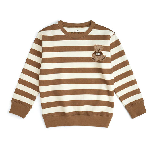 Sweet Wink teddy bear patch striped sweatshirt featuring a cozy design and colorful knit pattern.