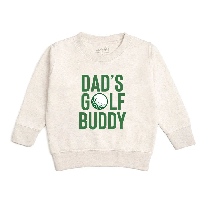 Sweet Wink Dad's Golf Buddy sweatshirt showing a cozy gray sweatshirt with golf-themed design and "Dad's Golf Buddy" text.