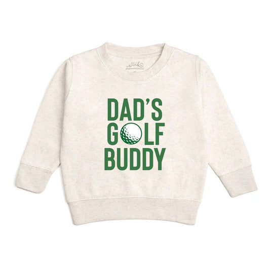 Sweet Wink Dad's Golf Buddy sweatshirt showing a cozy gray sweatshirt with golf-themed design and "Dad's Golf Buddy" text.
