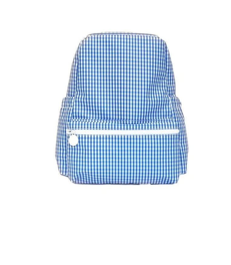 Royal blue and white gingham TRVL Designs backpack with adjustable straps and multiple compartments.