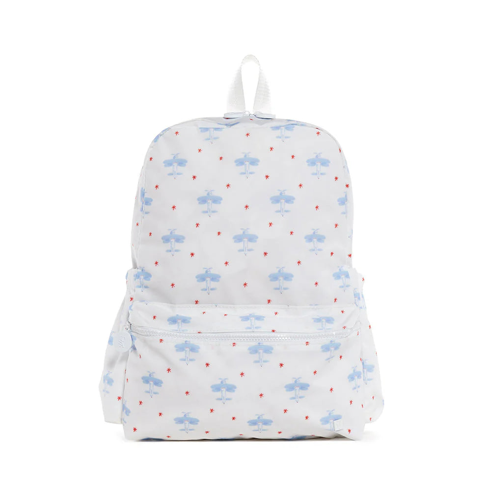 TRVL Designs TSA backpack with airplane-themed design, featuring multiple compartments and adjustable straps for travelers.