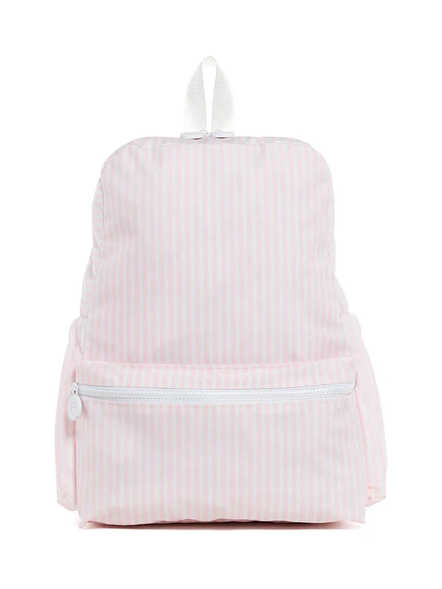 Pink TRVL Designs TSA backpack with Pimlico stripe pattern, featuring multiple compartments and adjustable straps.