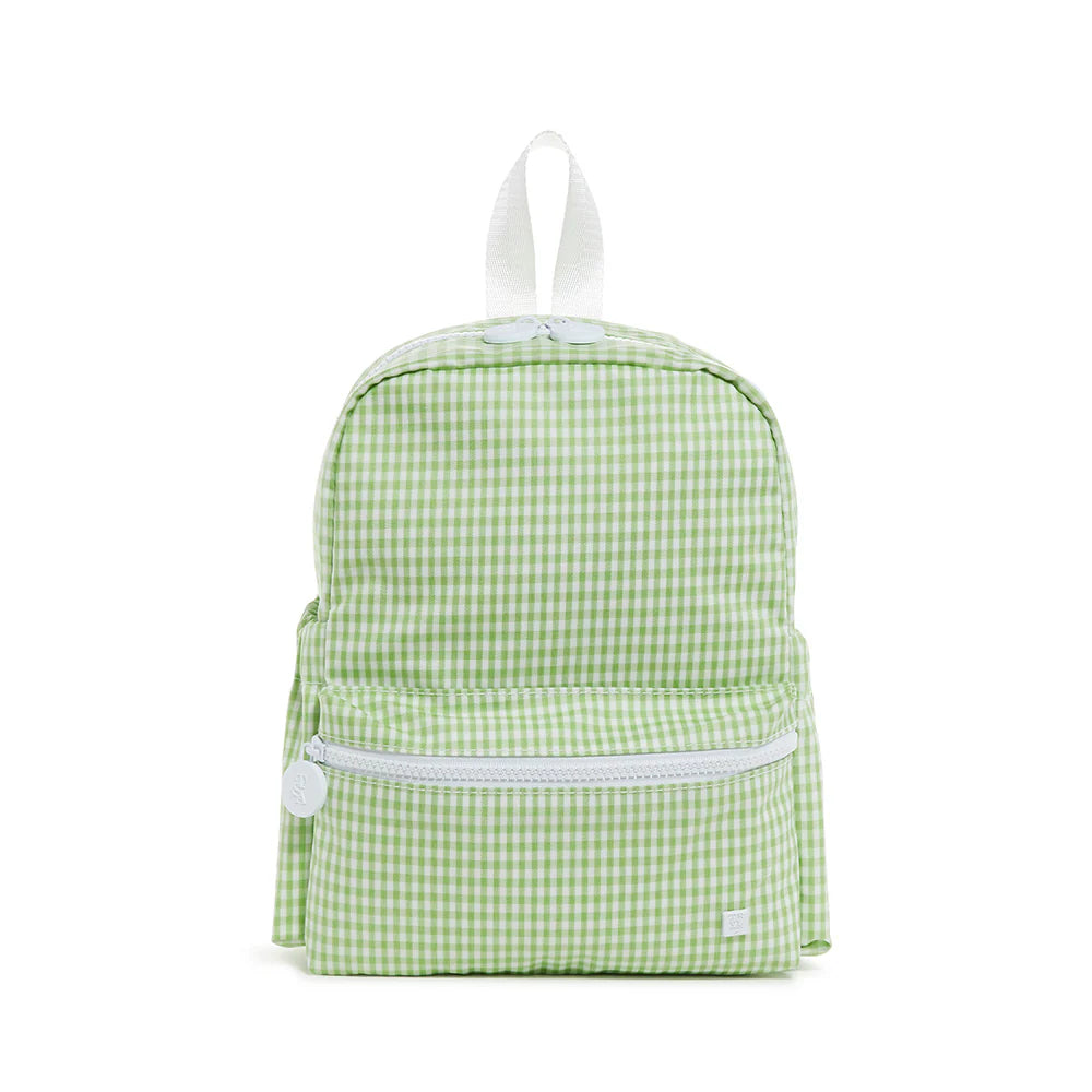 Green TSA mini backpack by TRVL Designs with multiple compartments and adjustable straps.