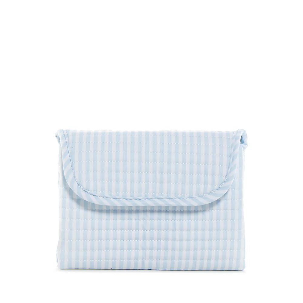 Blue quilted changing mat by TRVL Designs with Pimlico stripe pattern, suitable for baby diaper changes.