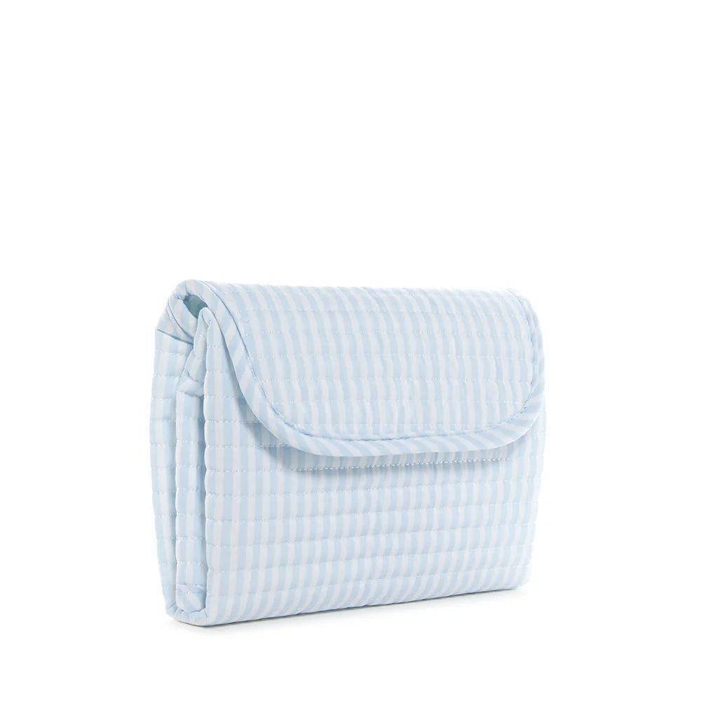 Blue quilted changing mat by TRVL Designs with Pimlico stripe pattern, padded for comfort during diaper changes.