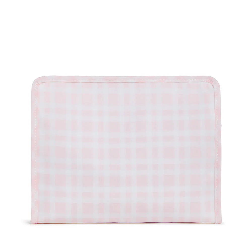 TRVL Designs Roadie large zip pouch with pink Pimlico plaid pattern, compact travel organizer with zipper closure.