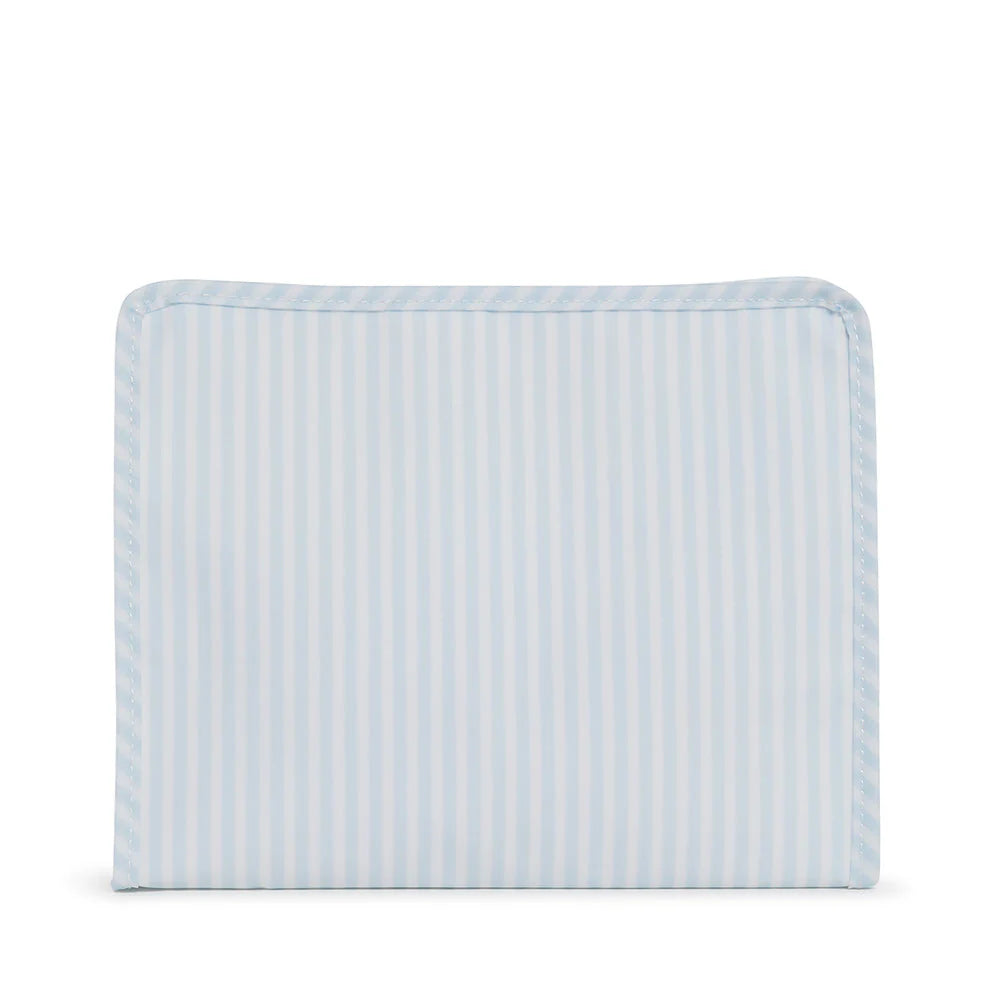 Large blue TRVL Design Roadie zip pouch with Pimlico stripe pattern, ideal for travel essentials and organization.