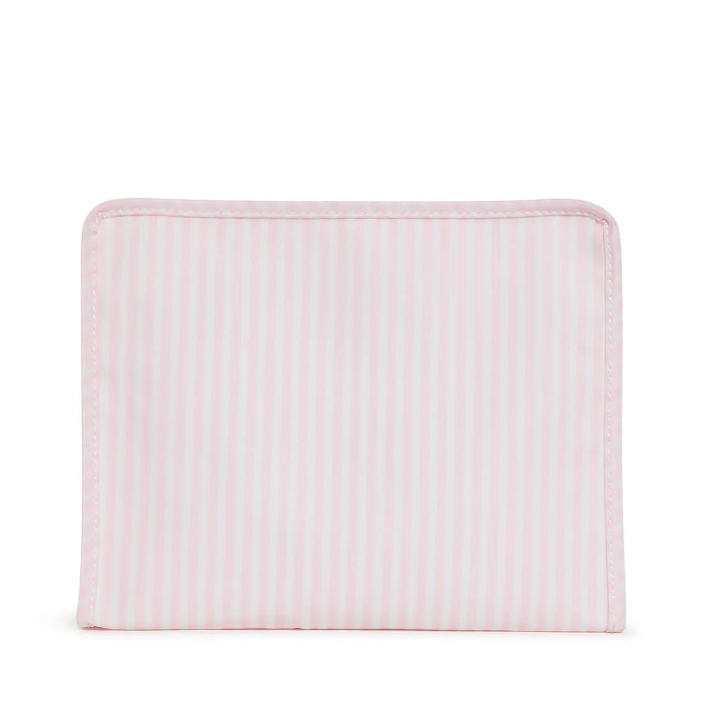 TRVL Designs Roadie large zip pouch with pink Pimlico stripe pattern, ideal for travel accessories and organization.