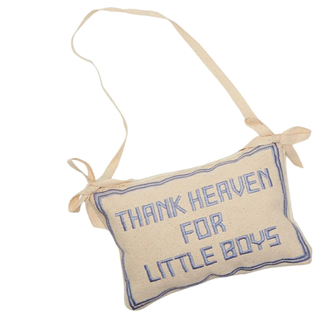 Embroidered Thank Heaven Pillow Door Hanger with decorative stitching, perfect for nursery or bedroom decor.