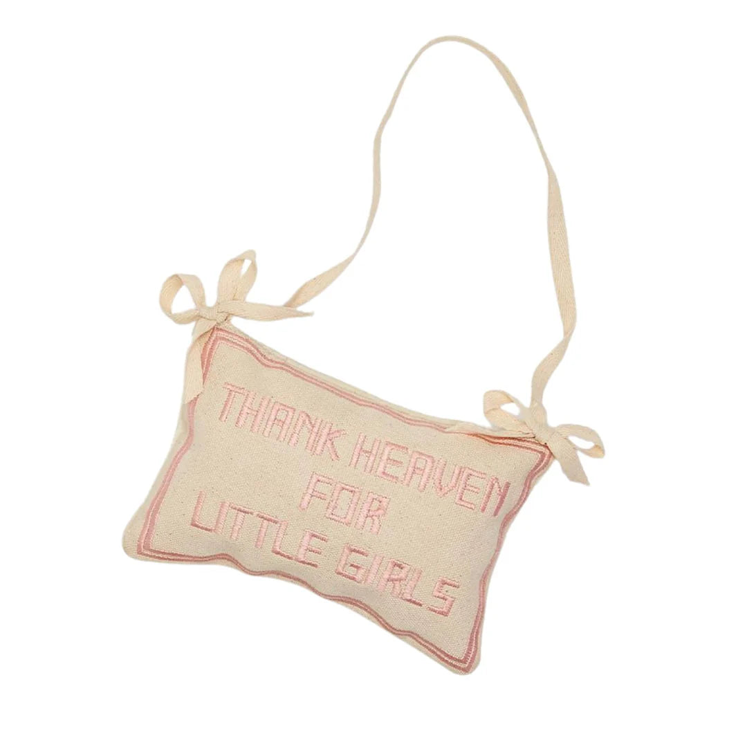 Thank Heaven embroidered pillow door hanger with delicate design, perfect for children's decor or nursery room decoration.