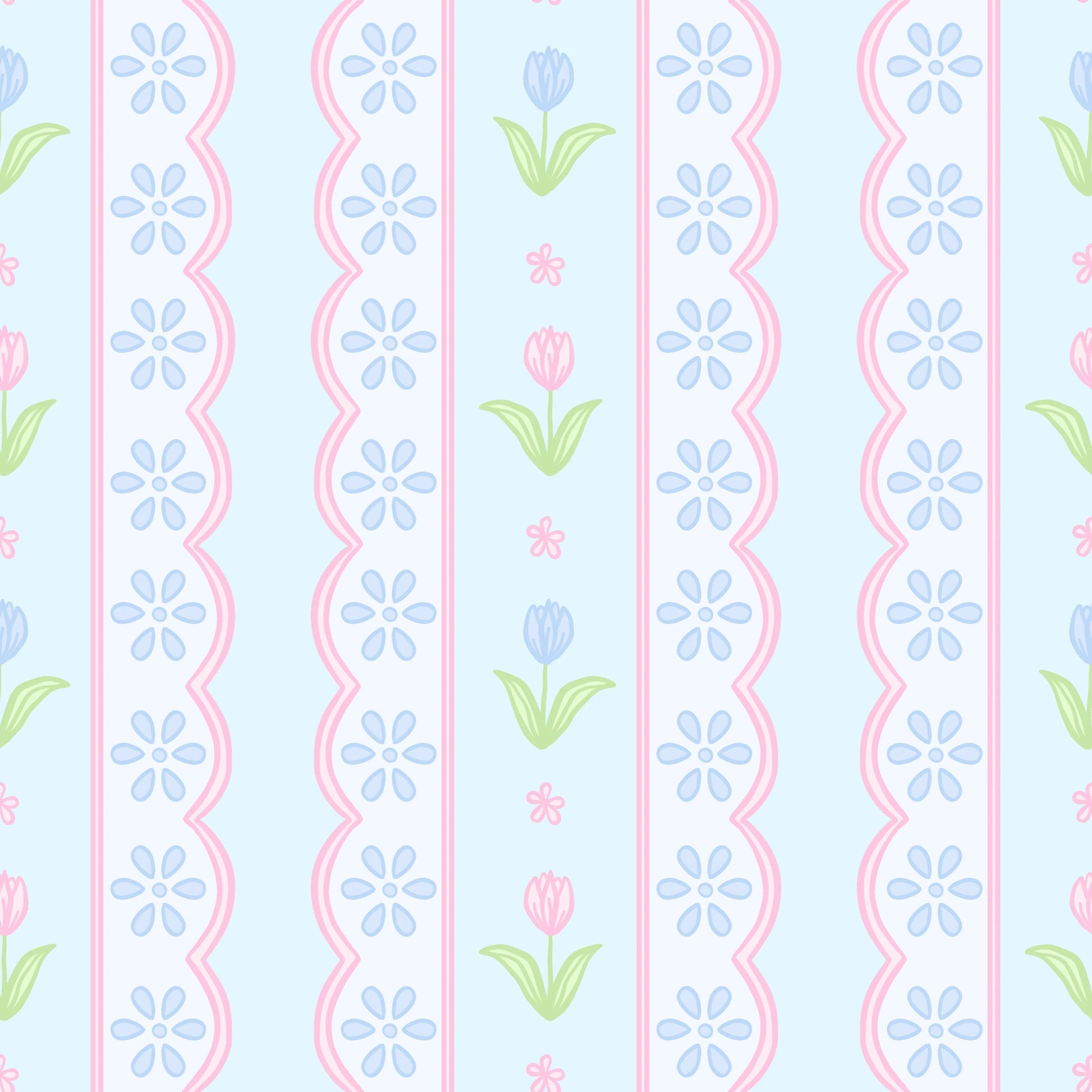Blue floral scallop Lottie Bloomer set by James & Lottie featuring a cute floral pattern and scalloped trim, on a striped background.