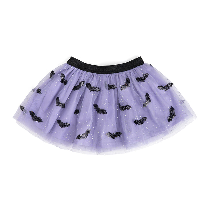 Sequin bat Halloween tutu skirt by Sweet Wink featuring black and purple tulle with shiny sequin bat details for spooky style
