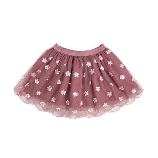 Pink tutu skirt with berry floral embroidery by Sweet Wink, featuring a soft tulle fabric and playful design for young children.