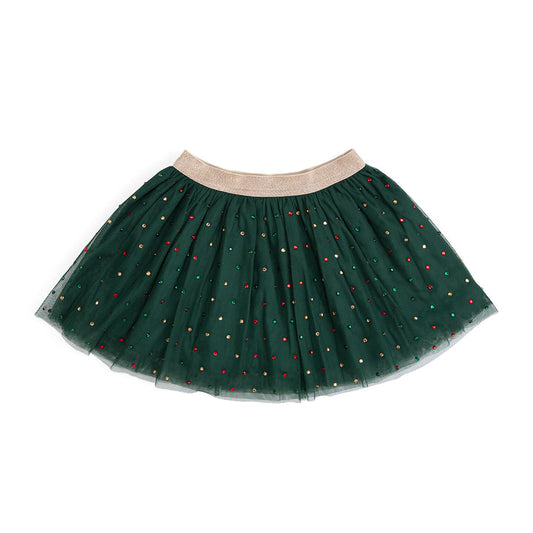 Emerald rhinestone Christmas tutu skirt by Sweet Wink, festive emerald green tulle with sparkling rhinestone embellishments for holiday wear