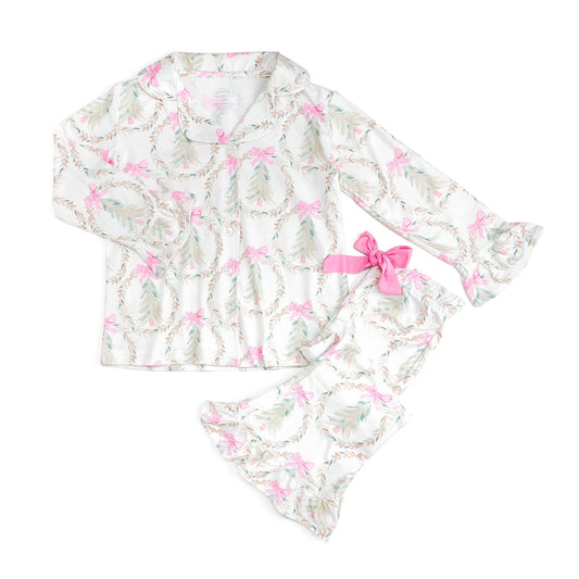 Sweet Wink Christmas tree two-piece lounge set with festive holiday print top and matching bottoms