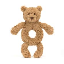 Soft Jellycat Bartholomew Bear ring rattle with plush bear and colorful ring, ideal for infants and sensory play.