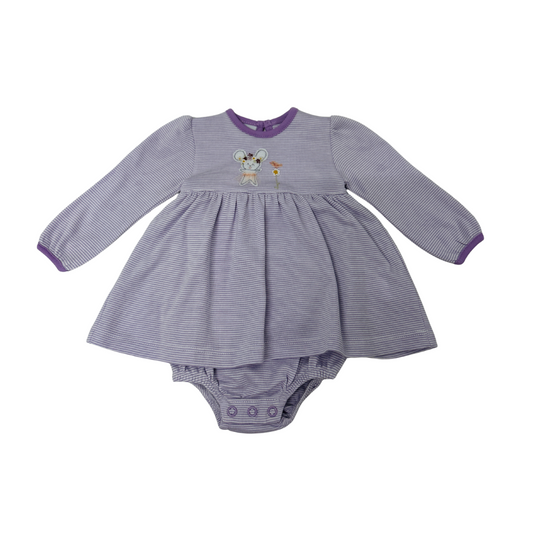 Squiggles - Purple Stripe Garden Mouse L/S Onesie Dress