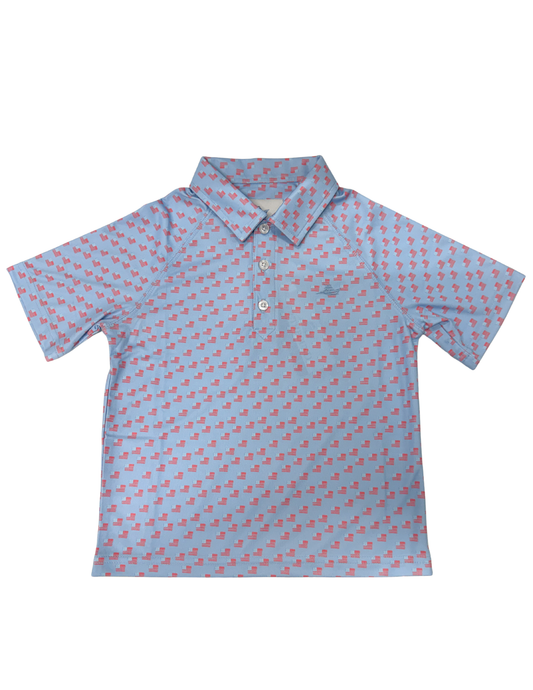 SouthBound Flags Boys Polo shirt featuring colorful flag patterns on a classic polo design.