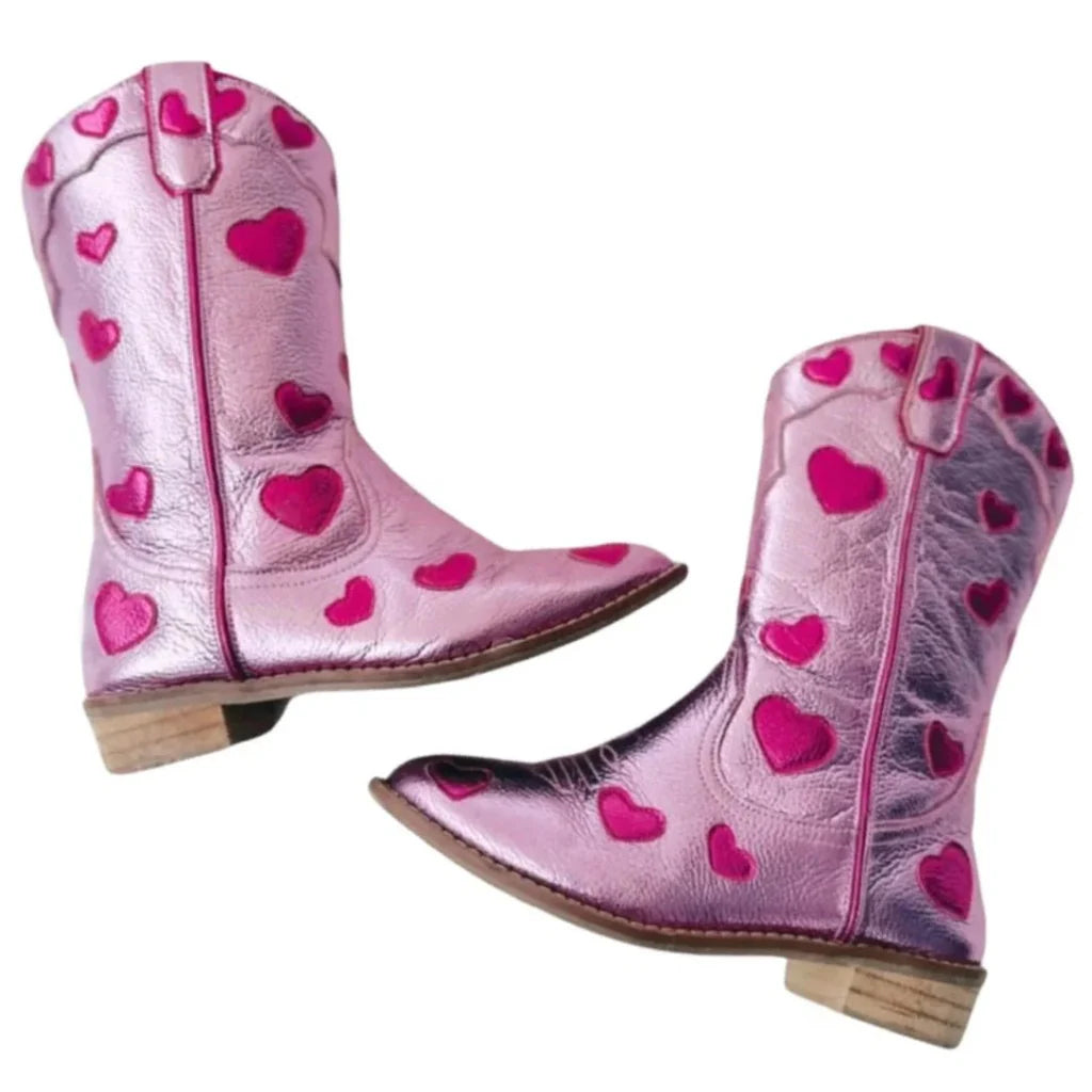 Wild + Rae Cowgirl Lovestruck Boots featuring brown leather with decorative stitching and pointed toes, perfect for western style.
