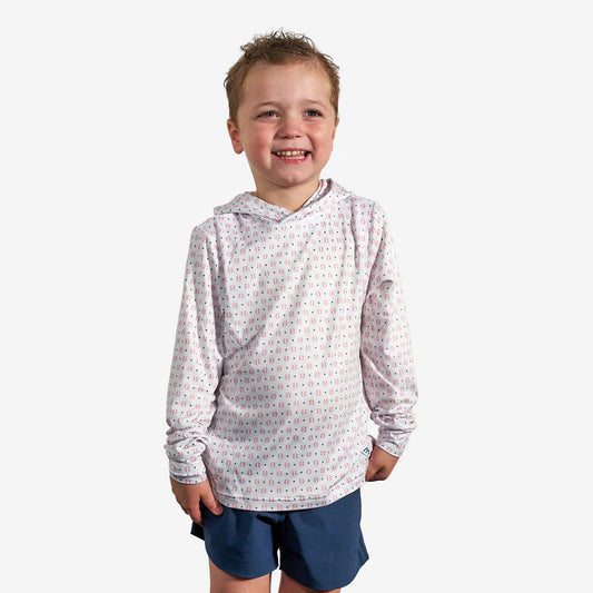 Youth performance baseball hoodie by Burlebo, showing a front view with the hoodie worn by a young model.