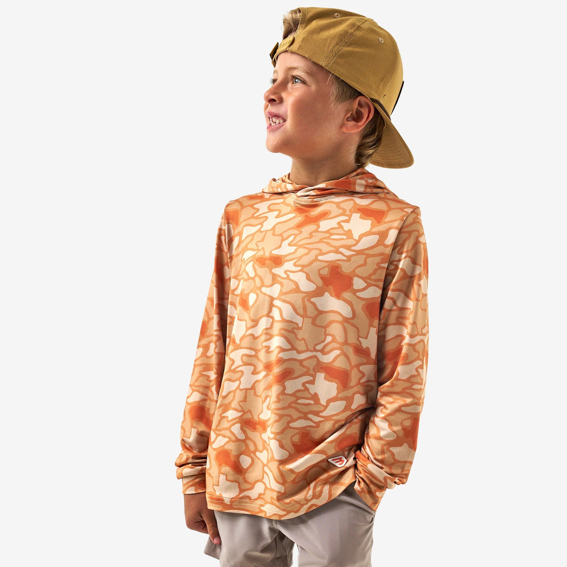 Youth orange Texas camouflage performance hoodie by Burlebo, featuring a comfortable fit and bold camo design.