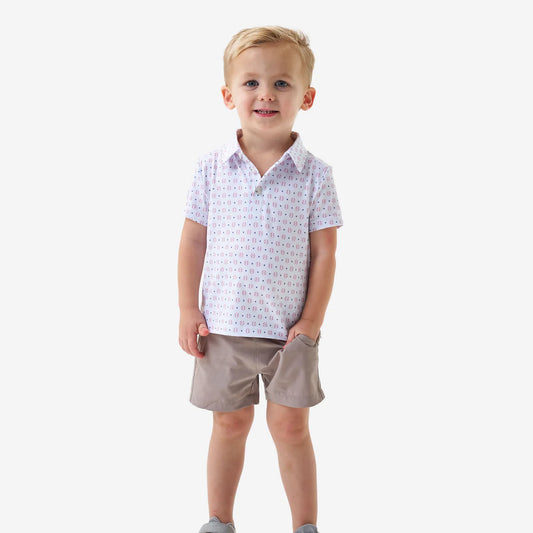 Youth Burlebo Performance Polo Baseball shirt, lightweight fabric, navy color, front view with collar and buttons.