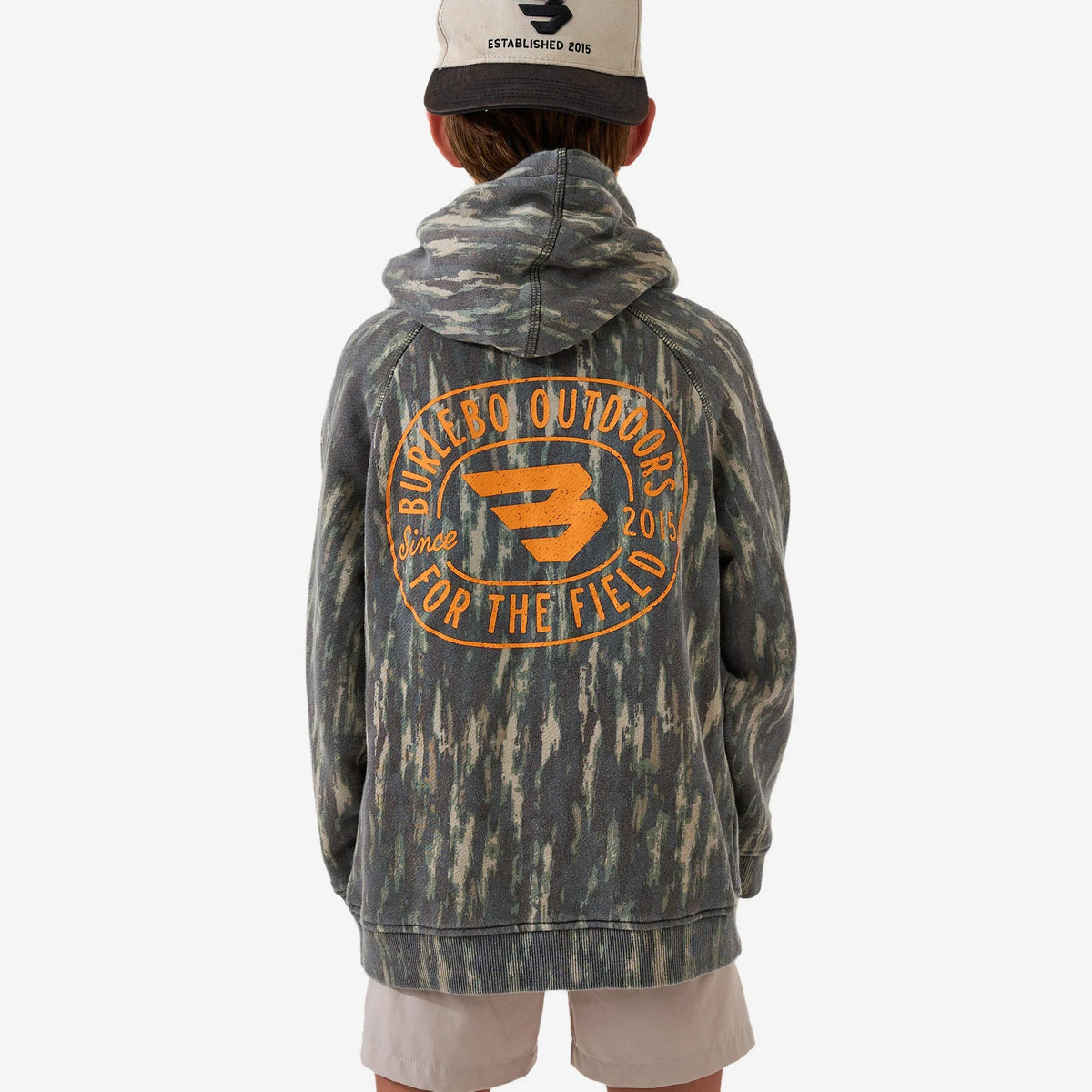 Burlebo youth vintage washed graphic hoodie with Field Badge design, front view
