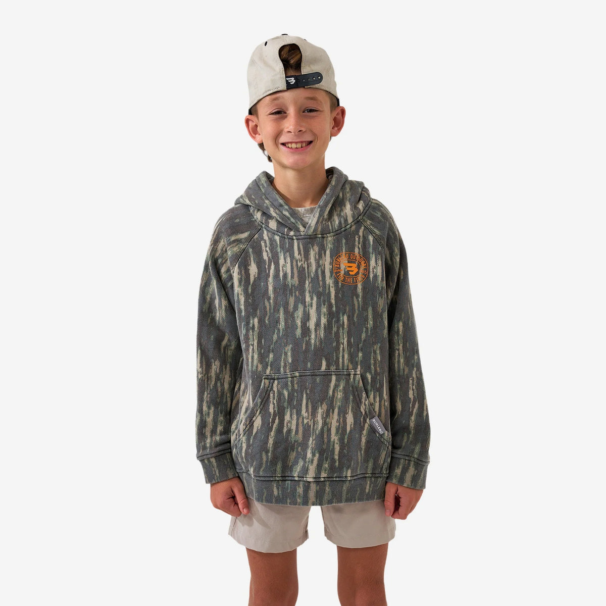 Burlebo youth vintage washed graphic hoodie with Field Badge design in mid camo tones