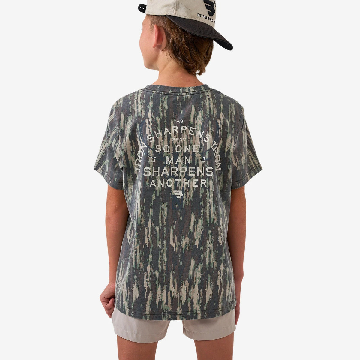 Burlebo youth vintage washed graphic tee in Midland Camo featuring Proverbs 27:17 design