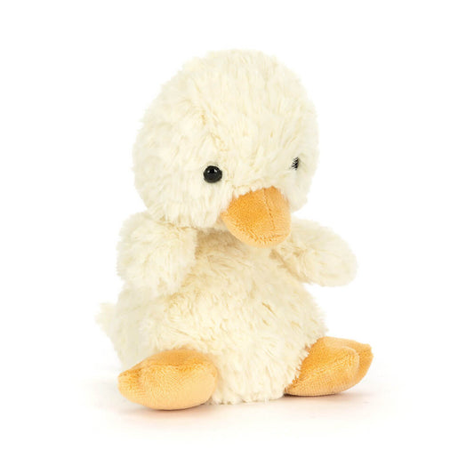 Soft plush Yummy Duckling toy by Jellycat with yellow feathers and embroidered facial features, perfect for cuddling.