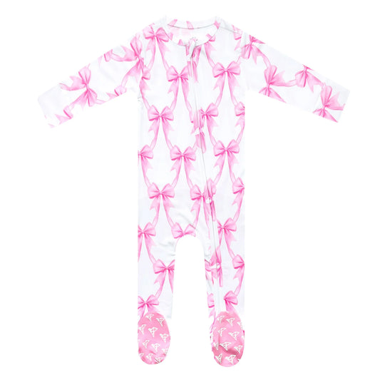 Copper Pearl Bow My Gosh bamboo zip-up footie pajamas for babies, featuring a cute bow and soft, comfortable fabric.
