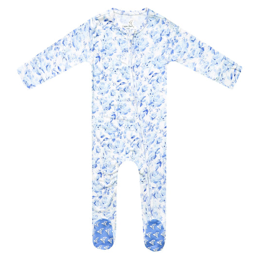 Copper Pearl Priscilla bamboo zip-up footie pajamas featuring a soft, cozy design with a front zipper and playful print.
