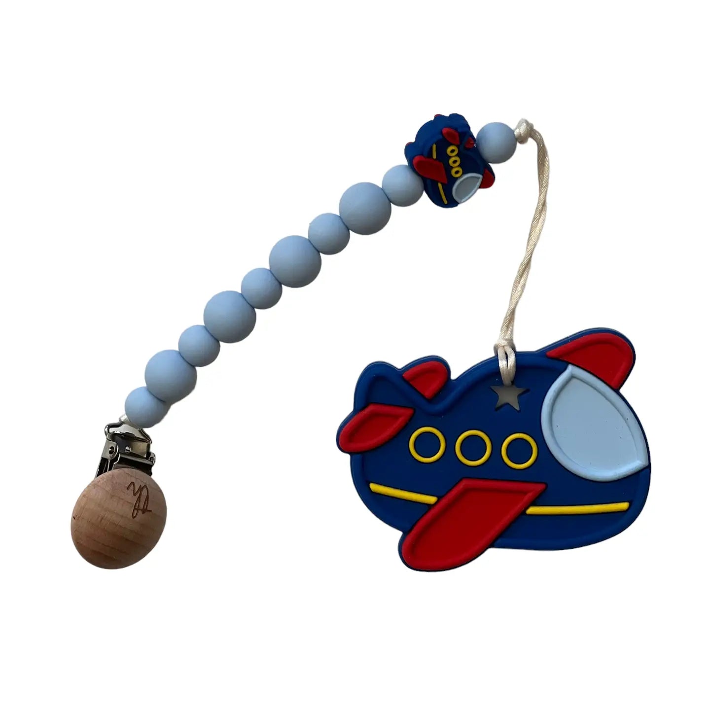 Three Hearts teether with clip, soft silicone infant teething toy attached to a fabric clip for easy attachment and soothing relief.