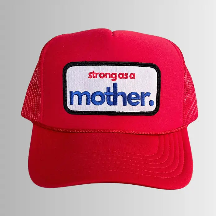 Red Strong As A Mother® Patch Trucker Hat by Mother Hats, featuring front patch detail and classic mesh back.