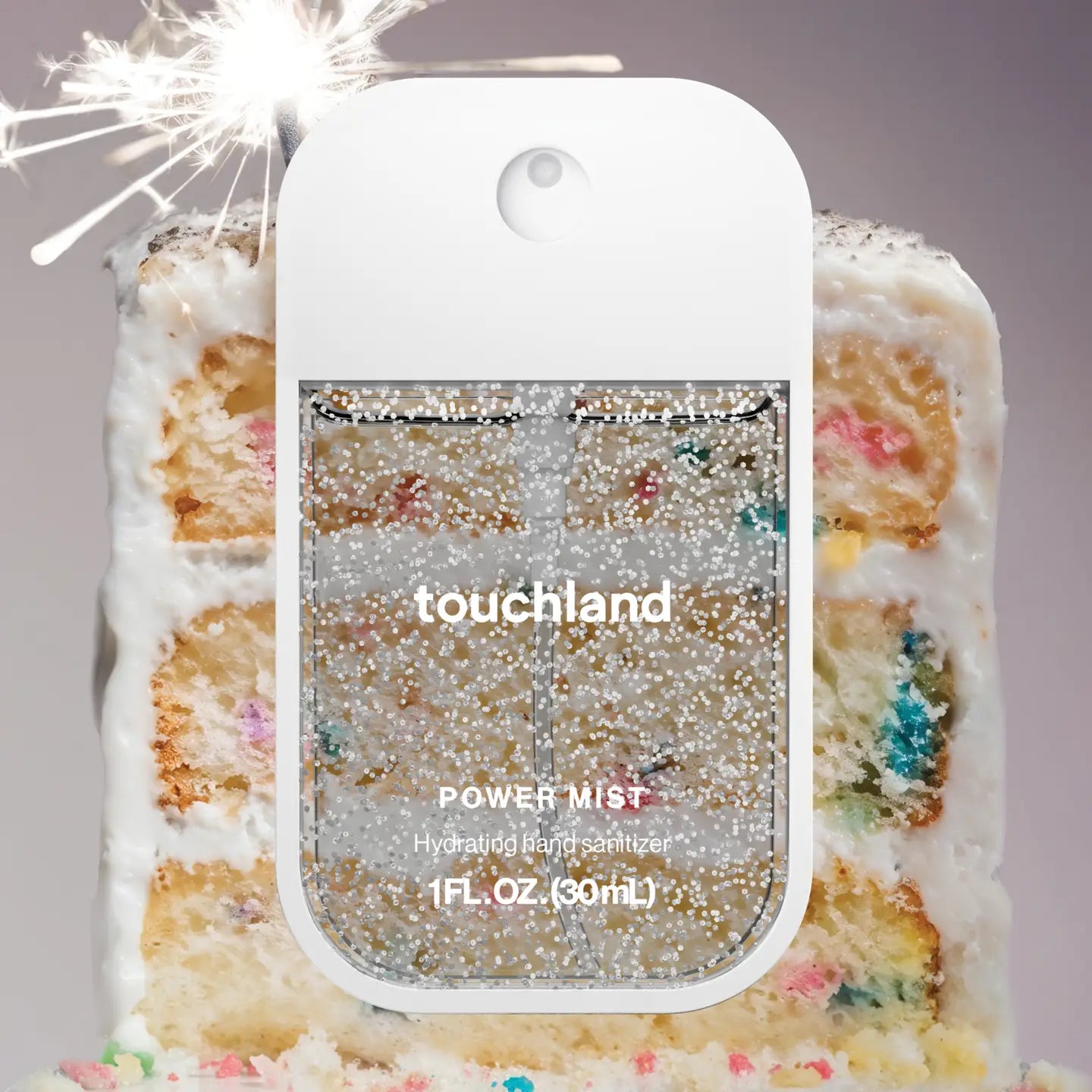 Touchland Powermists hand sanitizer spray bottle with sleek design and clear label, portable and easy to use.