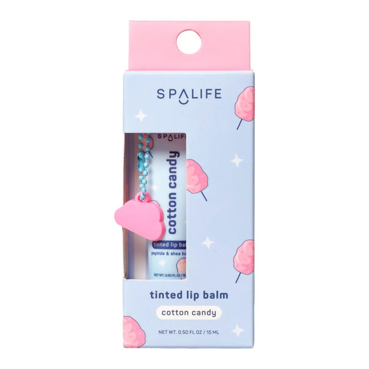 My Spa Life Cotton Candy Tinted Lip Balm showing a smooth, pink-tinted formula in a clear container with a white cap.