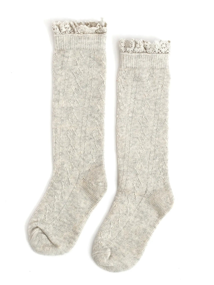 Little Stocking Co. - Heathered Ivory Fancy Lace Top Knee High Socks