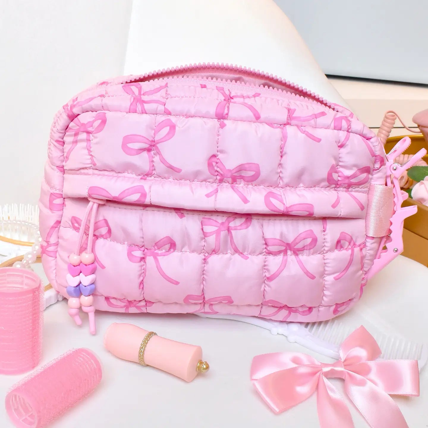 Pink Quilted Scrunchies Bow Printed Pouch