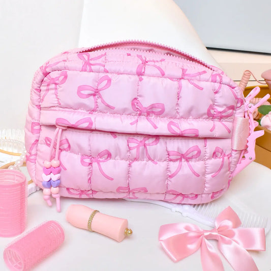 Pink Quilted Scrunchies Bow Printed Pouch