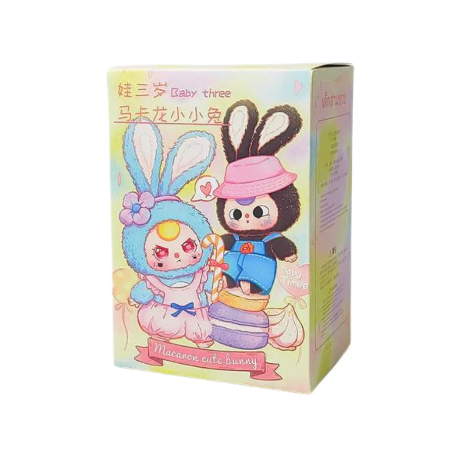 Cute Macaron Bunny plush from Baby Three in a blind box, soft, colorful, and adorable stuffed animal for kids and collectors.