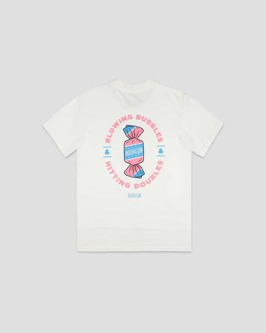 Youth Bubbles and Doubles T-Shirt by Baseballism featuring a colorful baseball graphic on a casual white tee.