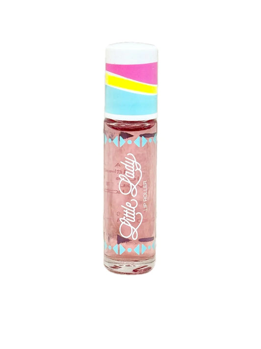 Little Lady Lip Rollers with strawberry splash design, showcasing vibrant pink and red lip roller on a white background.