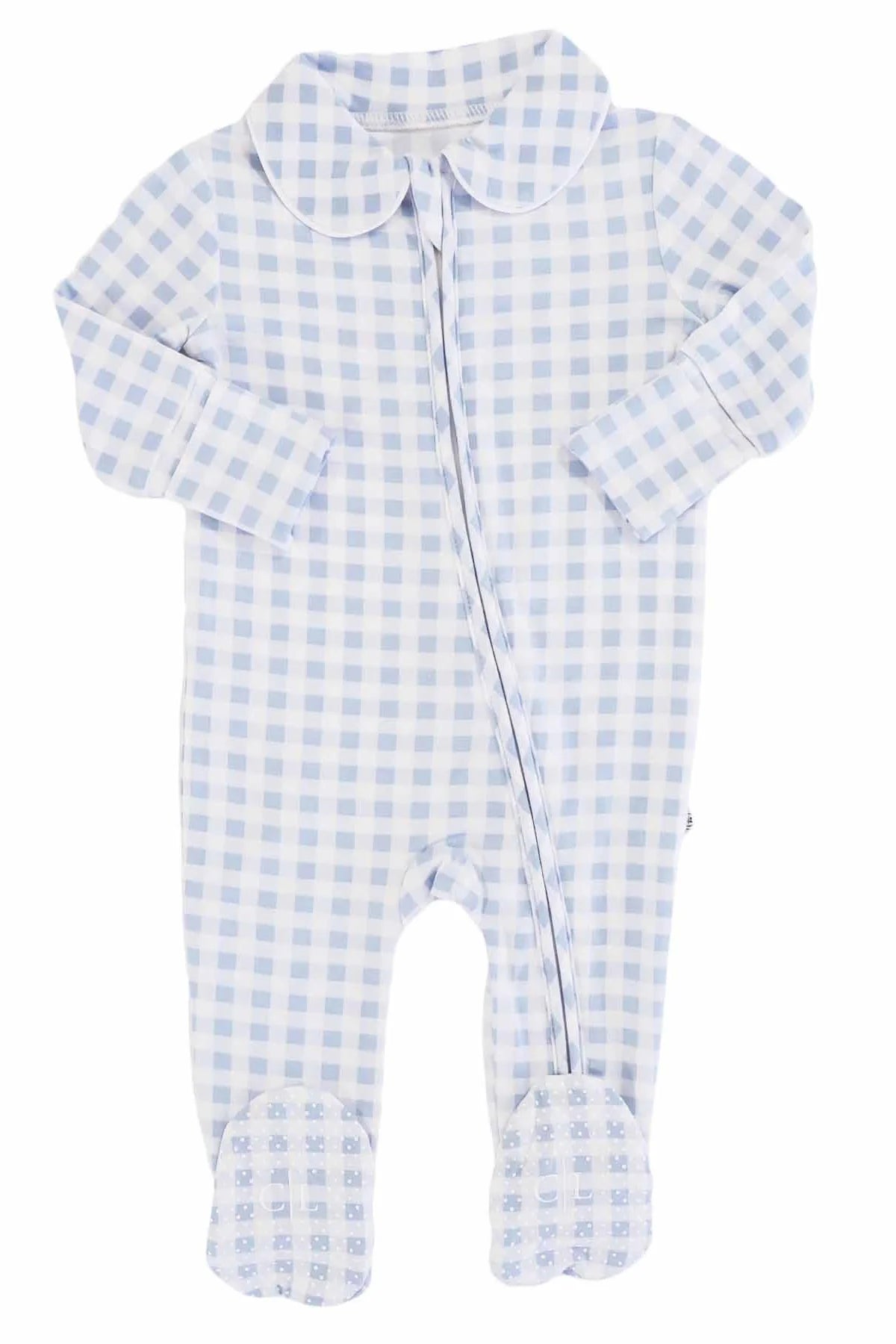 Dusty Blue Gingham Peter Pan Collar Zipper Footie