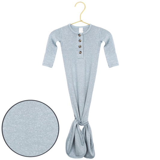 Lou Lou & Co Miller plush knit blue knotted gown for babies, featuring soft fabric and a cozy, stylish design.