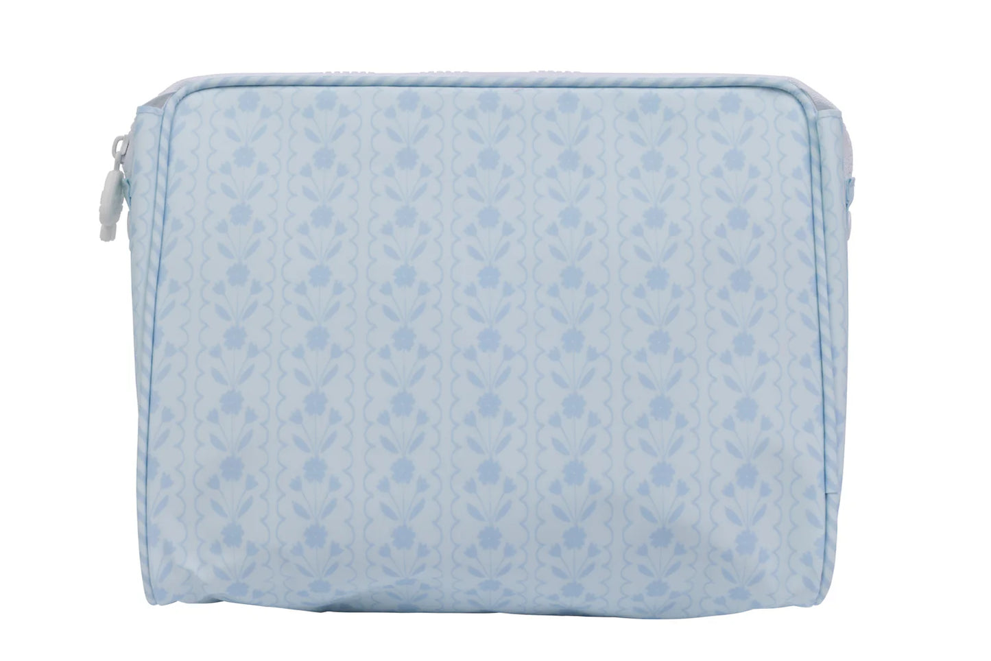 Blue Apple of My Isla The Go Bag made of bluebell fabric, showcasing its compact, stylish design perfect for on-the-go use.