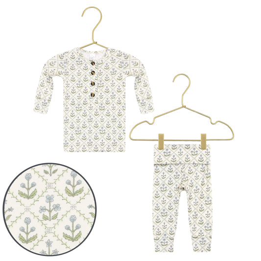 Lou Lou & Co Etta top and bottoms set in blue quilted fabric, featuring a cozy, stylish loungewear or sleepwear design.