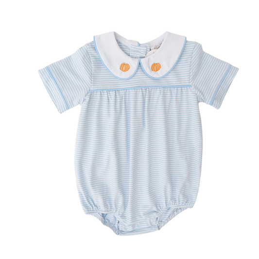 Cypress Row Pumpkin Row Boys Channing Bubble featuring a playful pumpkin design on soft fabric for toddlers.