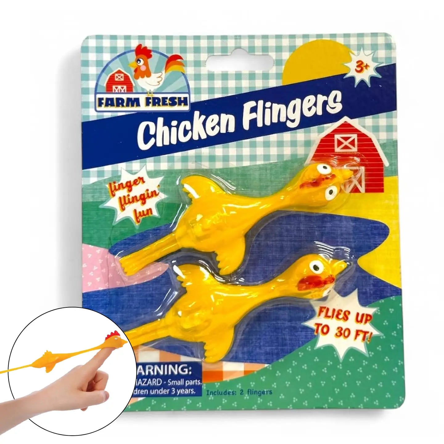 Toysmith Farm Fresh Chicken Flingers launch toy with colorful plastic chickens in mid-flight for outdoor play fun.
