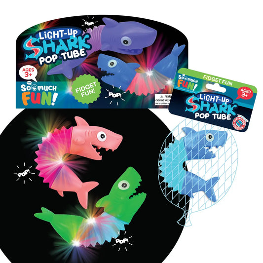 Colorful Light Up Bendy Shark Pop Tube from Novelty Brands, flexible and fun toy with a glowing, cartoon shark design.